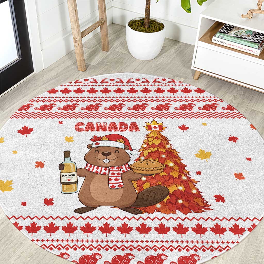 Canada Christmas Round Carpet with Beaver Maple Tree Ice Wine Pie and Red White Knit Pattern Design - Wonder Print Shop