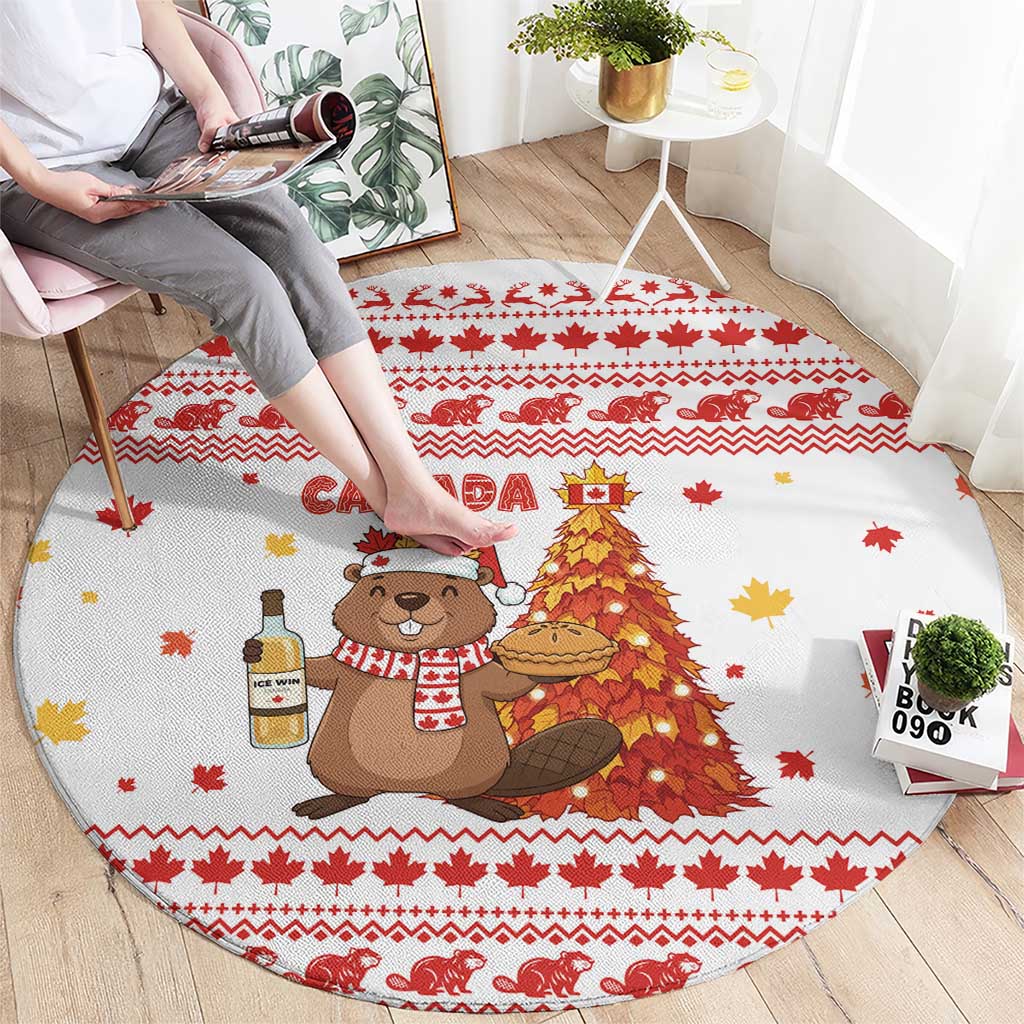 Canada Christmas Round Carpet with Beaver Maple Tree Ice Wine Pie and Red White Knit Pattern Design - Wonder Print Shop