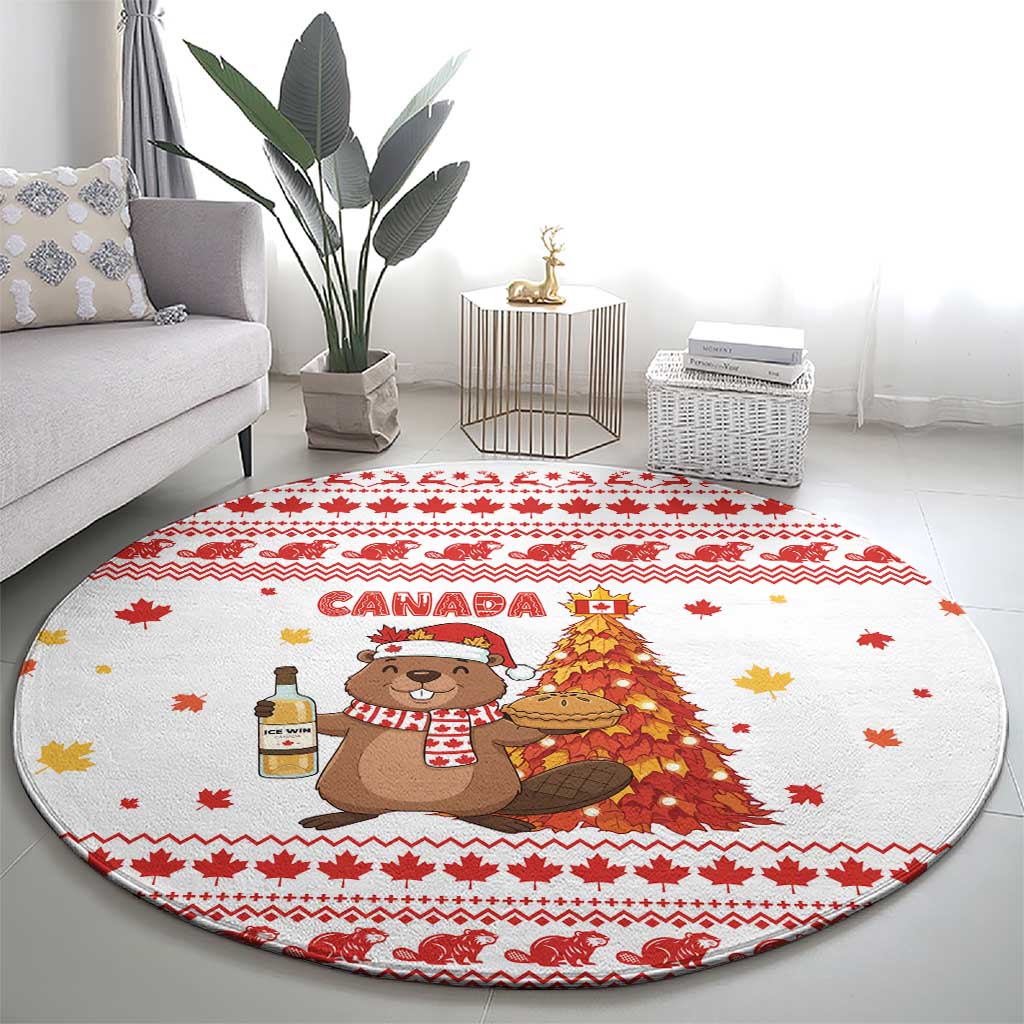 Canada Christmas Round Carpet with Beaver Maple Tree Ice Wine Pie and Red White Knit Pattern Design - Wonder Print Shop