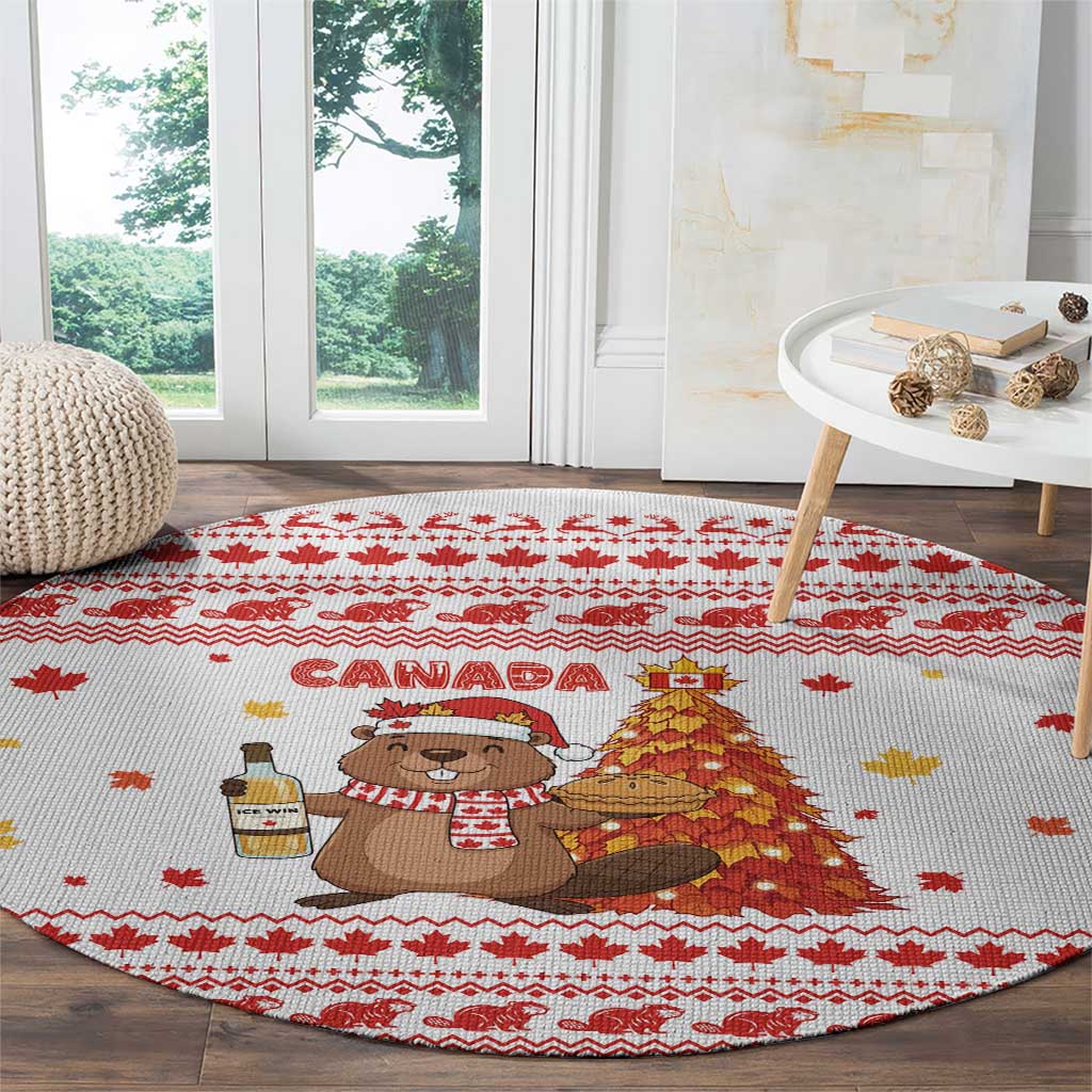 Canada Christmas Round Carpet with Beaver Maple Tree Ice Wine Pie and Red White Knit Pattern Design - Wonder Print Shop