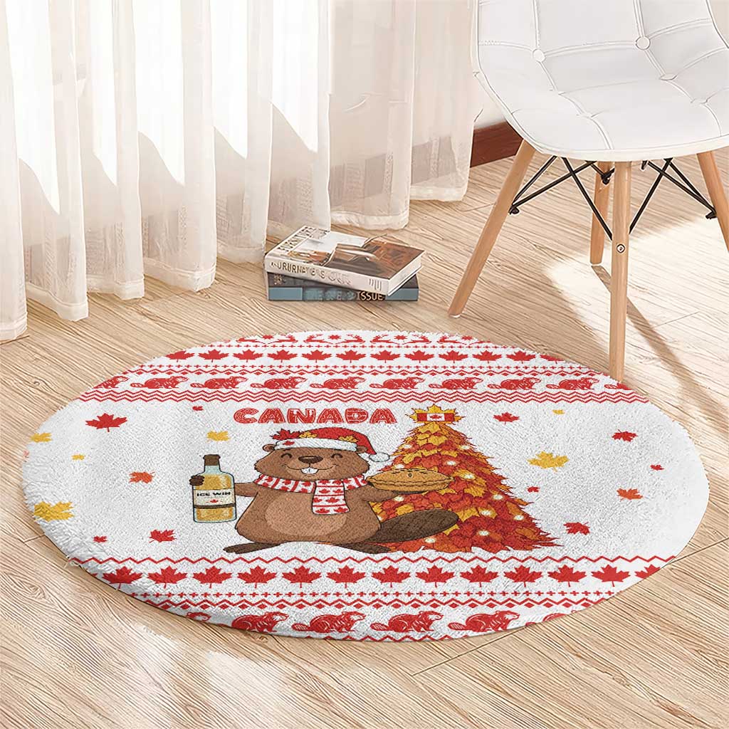 Canada Christmas Round Carpet with Beaver Maple Tree Ice Wine Pie and Red White Knit Pattern Design - Wonder Print Shop