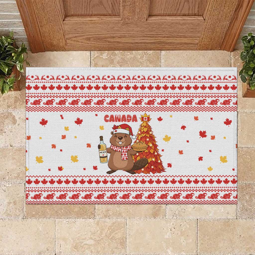 Canada Christmas Rubber Doormat with Beaver Maple Tree Ice Wine Pie and Red White Knit Pattern Design - Wonder Print Shop