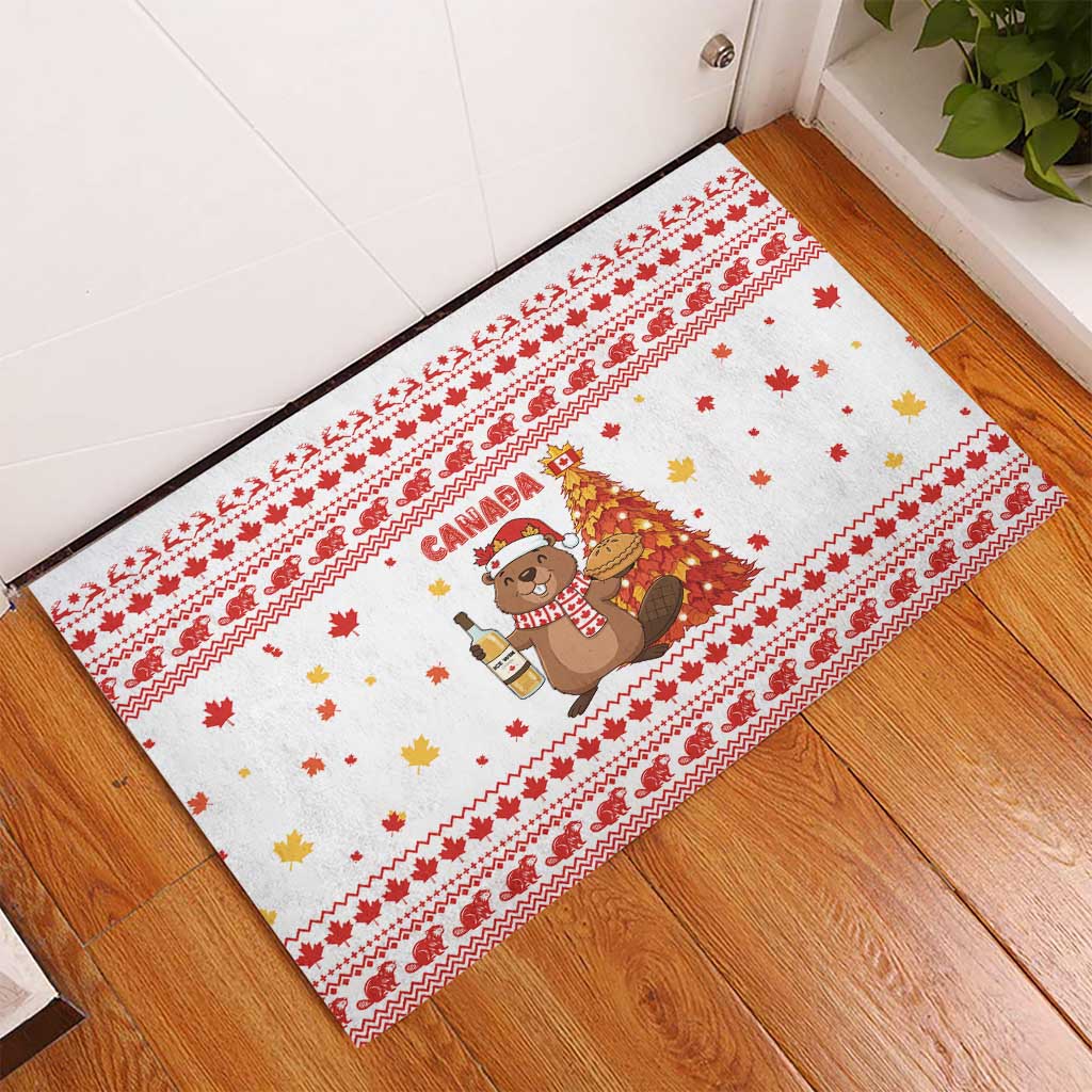 Canada Christmas Rubber Doormat with Beaver Maple Tree Ice Wine Pie and Red White Knit Pattern Design - Wonder Print Shop