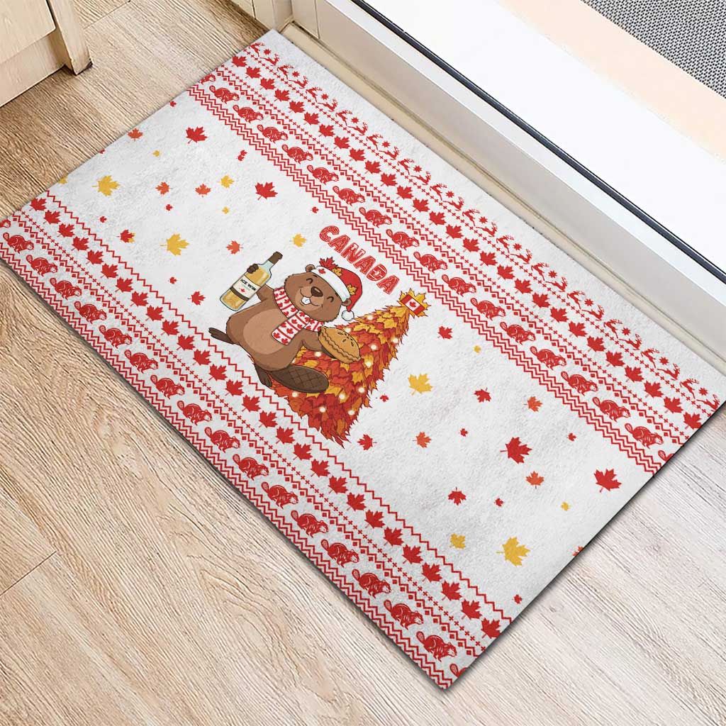 Canada Christmas Rubber Doormat with Beaver Maple Tree Ice Wine Pie and Red White Knit Pattern Design - Wonder Print Shop