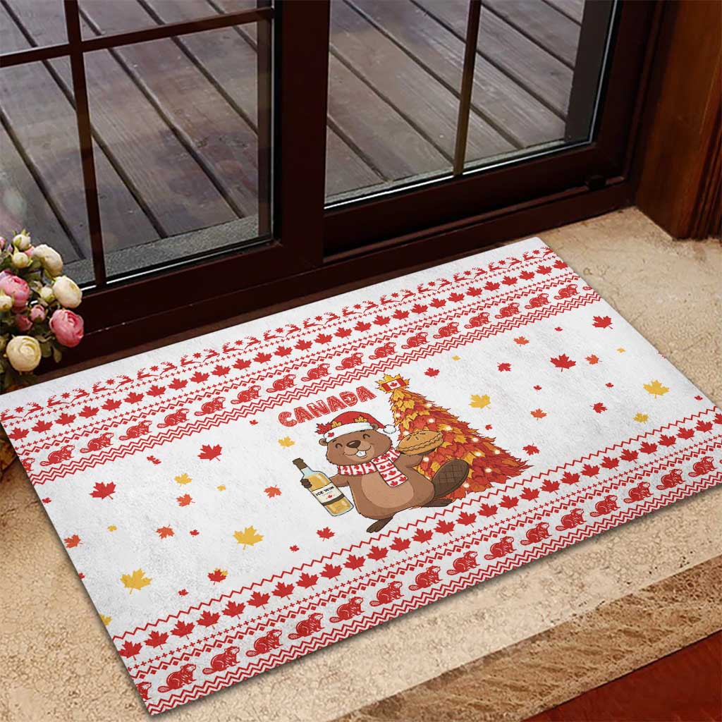 Canada Christmas Rubber Doormat with Beaver Maple Tree Ice Wine Pie and Red White Knit Pattern Design - Wonder Print Shop