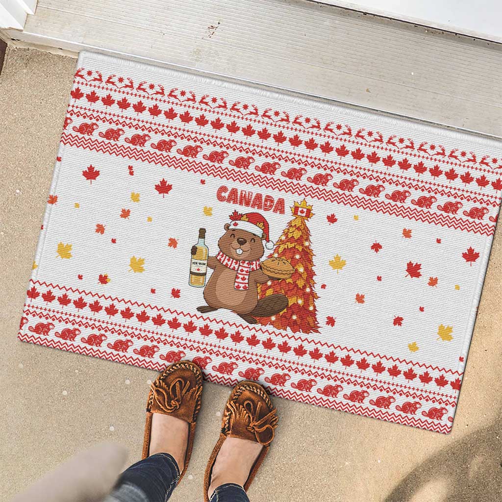 Canada Christmas Rubber Doormat with Beaver Maple Tree Ice Wine Pie and Red White Knit Pattern Design - Wonder Print Shop