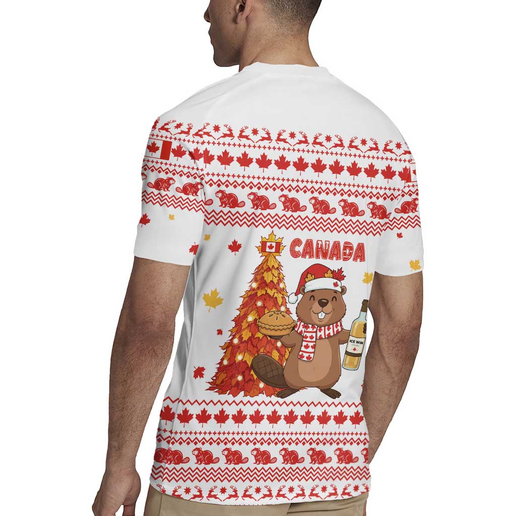 Canada Christmas Rugby Jersey with Beaver Maple Tree Ice Wine Pie and Red White Knit Pattern Design - Wonder Print Shop