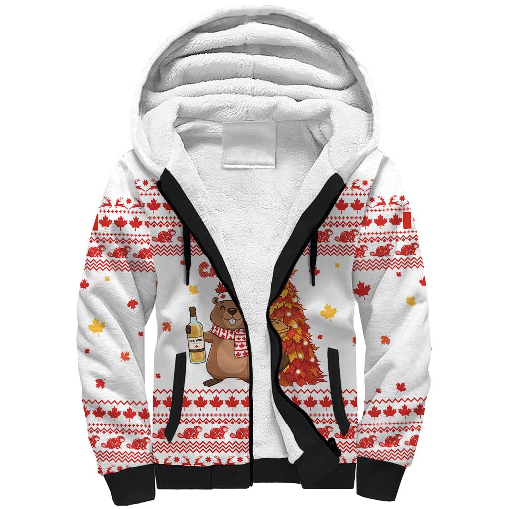 Canada Christmas Sherpa Hoodie with Beaver Maple Tree Ice Wine Pie and Red White Knit Pattern Design - Wonder Print Shop