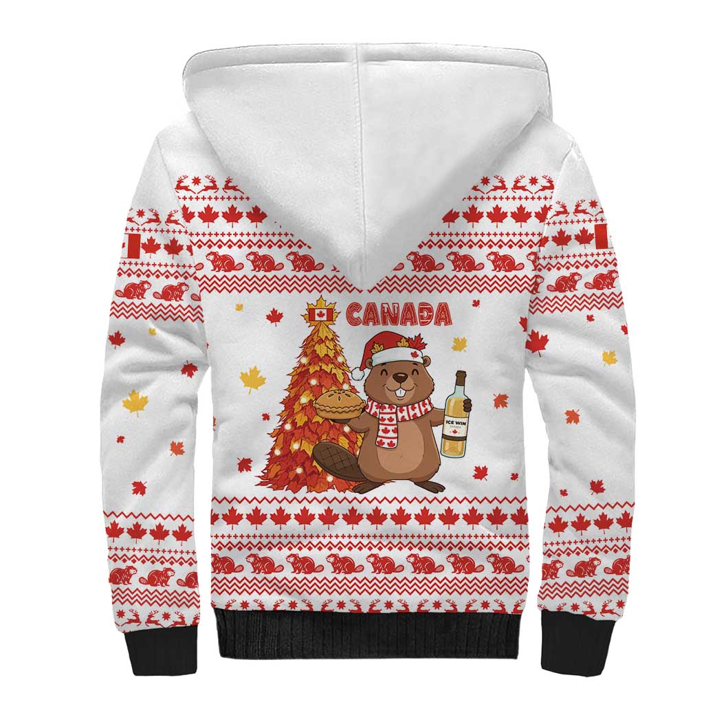 Canada Christmas Sherpa Hoodie with Beaver Maple Tree Ice Wine Pie and Red White Knit Pattern Design - Wonder Print Shop