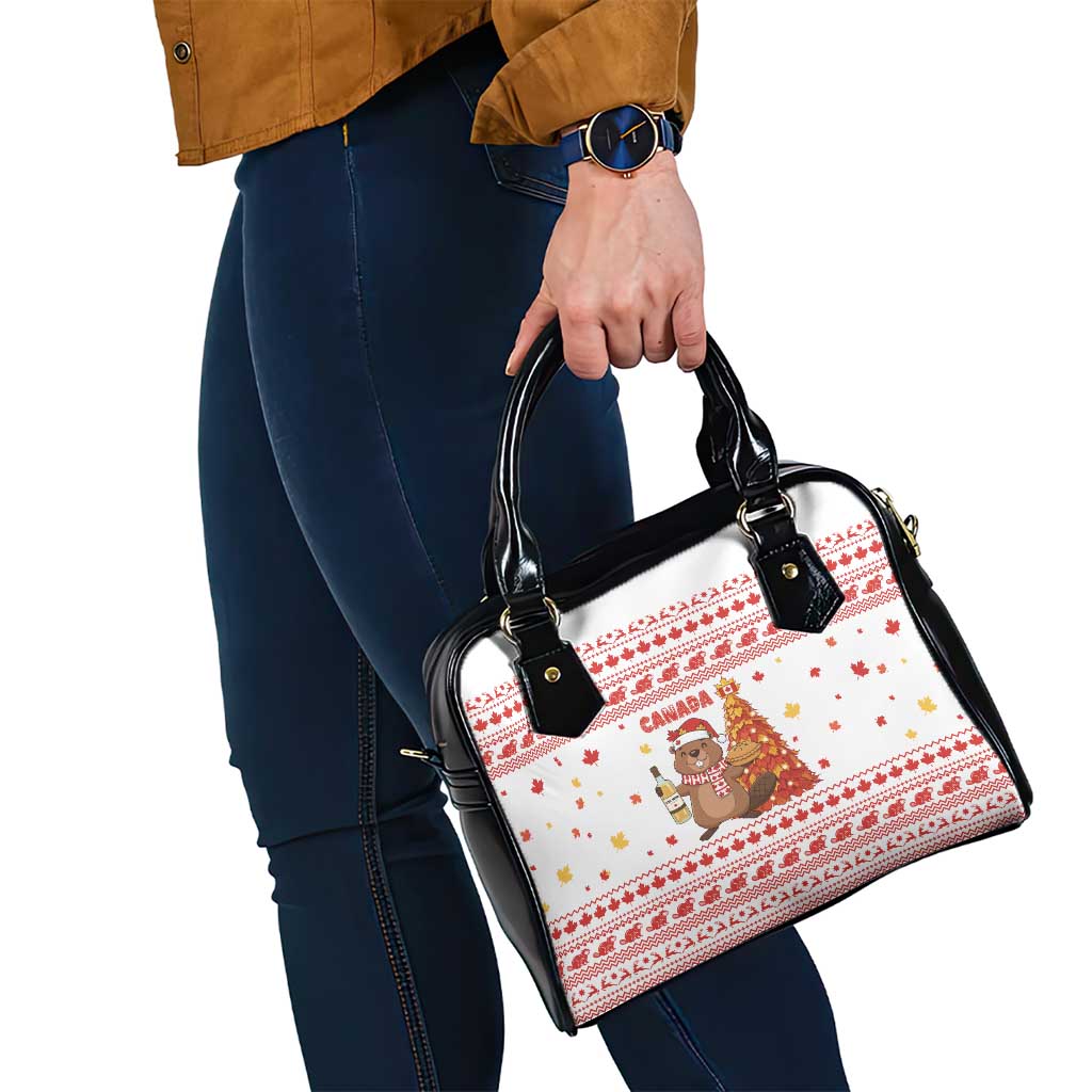 Canada Christmas Shoulder Handbag with Beaver Maple Tree Ice Wine Pie and Red White Knit Pattern Design - Wonder Print Shop