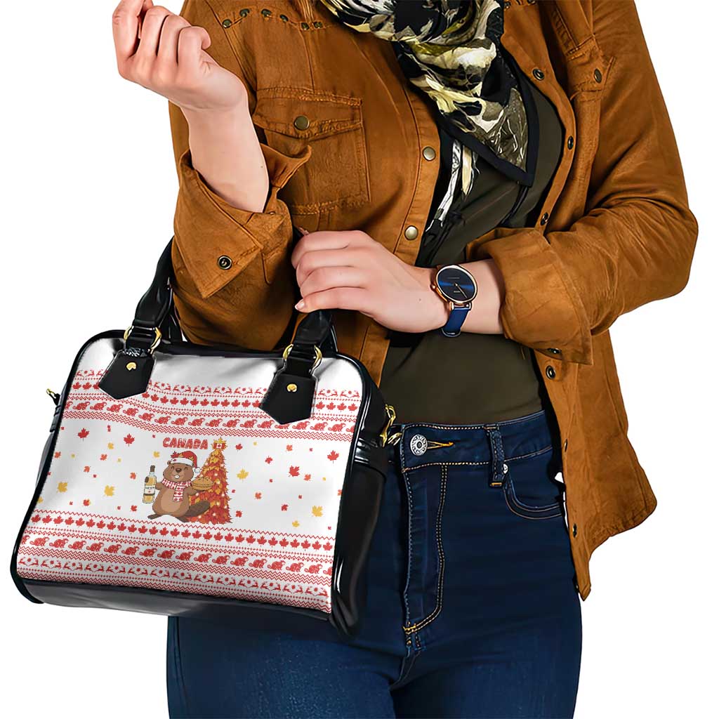 Canada Christmas Shoulder Handbag with Beaver Maple Tree Ice Wine Pie and Red White Knit Pattern Design - Wonder Print Shop