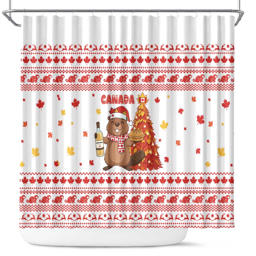 Canada Christmas Shower Curtain with Beaver Maple Tree Ice Wine Pie and Red White Knit Pattern Design - Wonder Print Shop