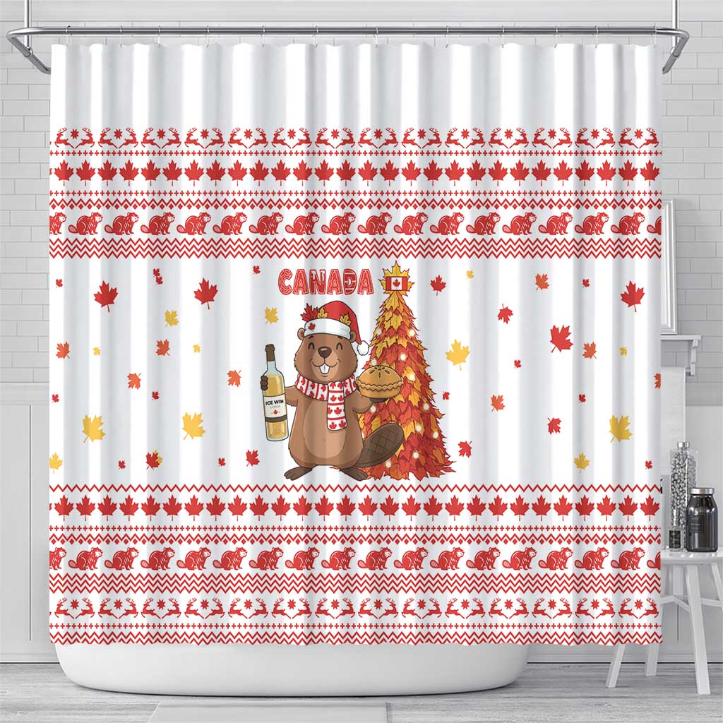 Canada Christmas Shower Curtain with Beaver Maple Tree Ice Wine Pie and Red White Knit Pattern Design - Wonder Print Shop