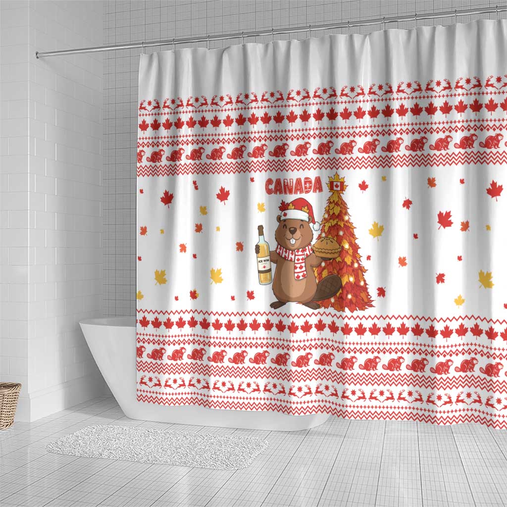 Canada Christmas Shower Curtain with Beaver Maple Tree Ice Wine Pie and Red White Knit Pattern Design - Wonder Print Shop