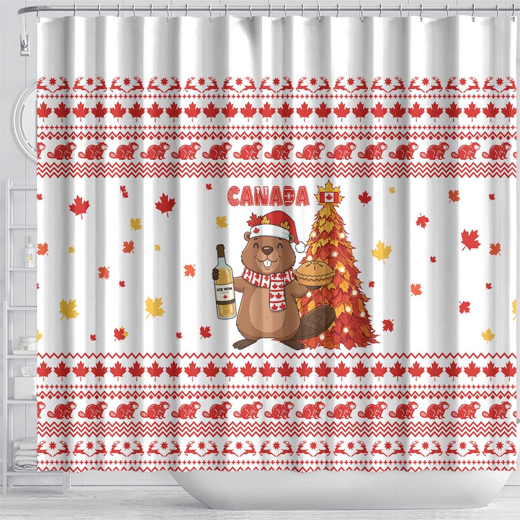 Canada Christmas Shower Curtain with Beaver Maple Tree Ice Wine Pie and Red White Knit Pattern Design - Wonder Print Shop
