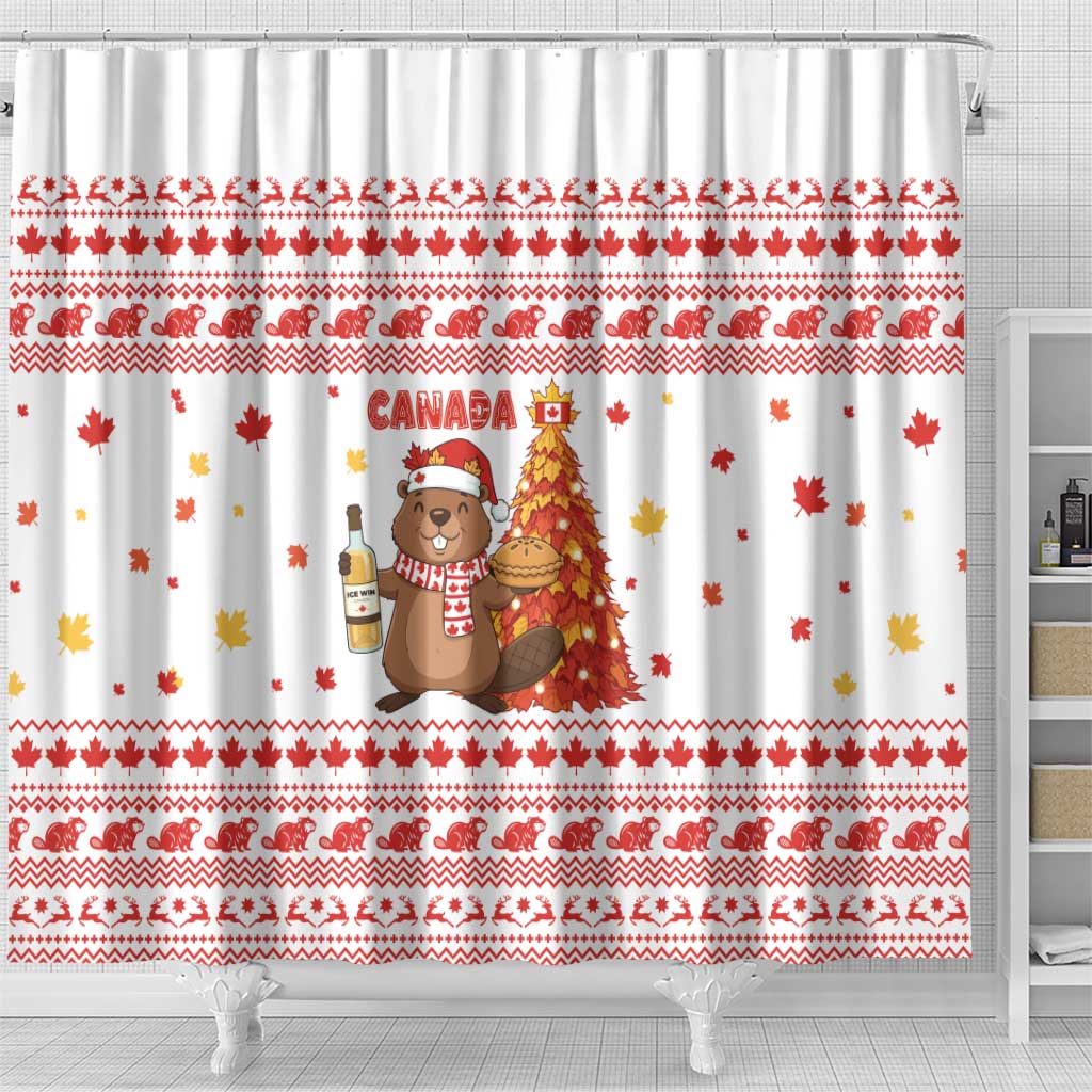 Canada Christmas Shower Curtain with Beaver Maple Tree Ice Wine Pie and Red White Knit Pattern Design - Wonder Print Shop