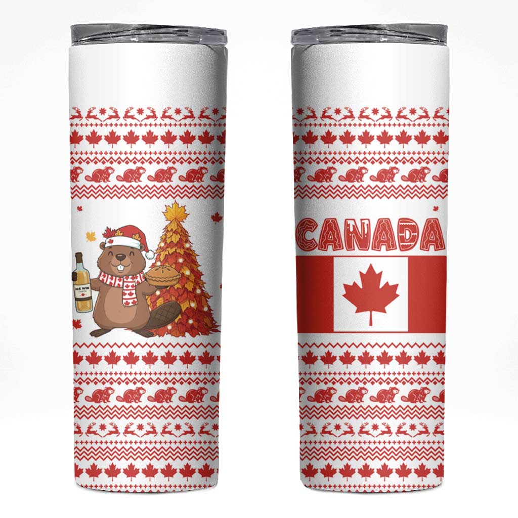 Canada Christmas Skinny Tumbler with Beaver Maple Tree Ice Wine Pie and Red White Knit Pattern Design - Wonder Print Shop