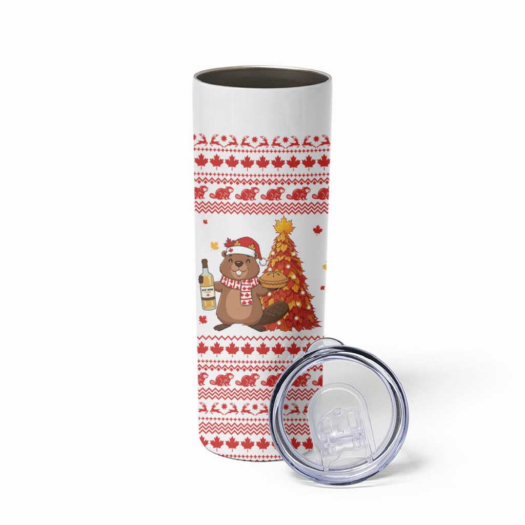 Canada Christmas Skinny Tumbler with Beaver Maple Tree Ice Wine Pie and Red White Knit Pattern Design - Wonder Print Shop