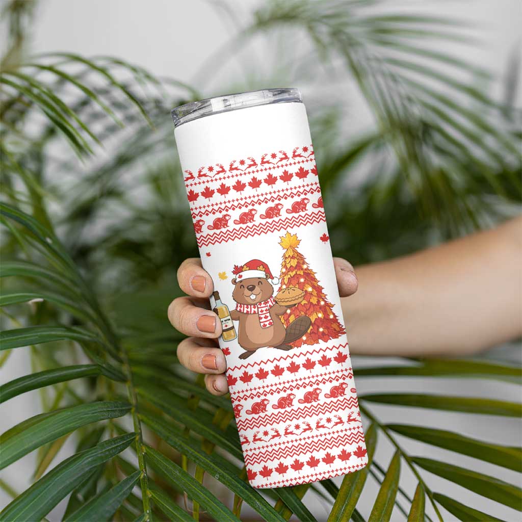 Canada Christmas Skinny Tumbler with Beaver Maple Tree Ice Wine Pie and Red White Knit Pattern Design - Wonder Print Shop