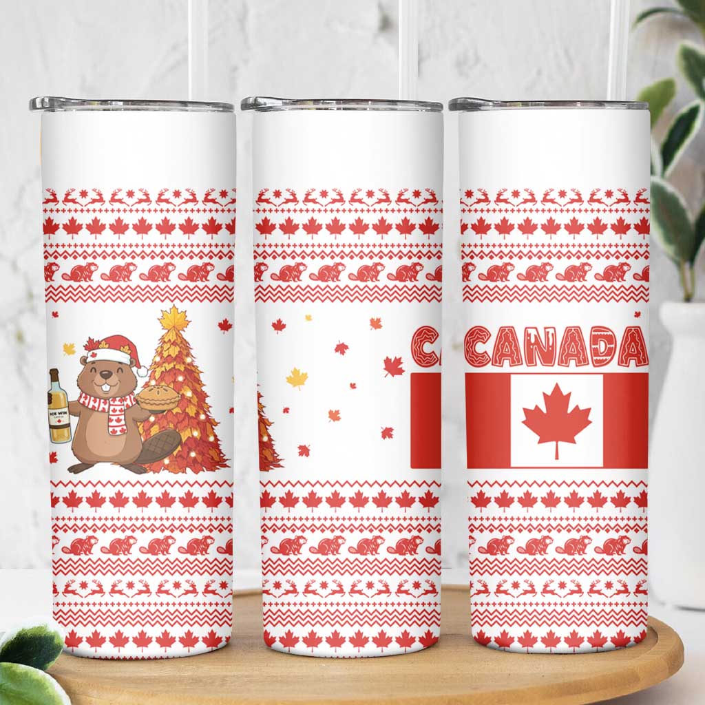 Canada Christmas Skinny Tumbler with Beaver Maple Tree Ice Wine Pie and Red White Knit Pattern Design - Wonder Print Shop