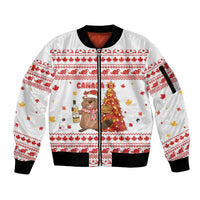 Canada Christmas Sleeve Zip Bomber Jacket with Beaver Maple Tree Ice Wine Pie and Red White Knit Pattern Design - Wonder Print Shop