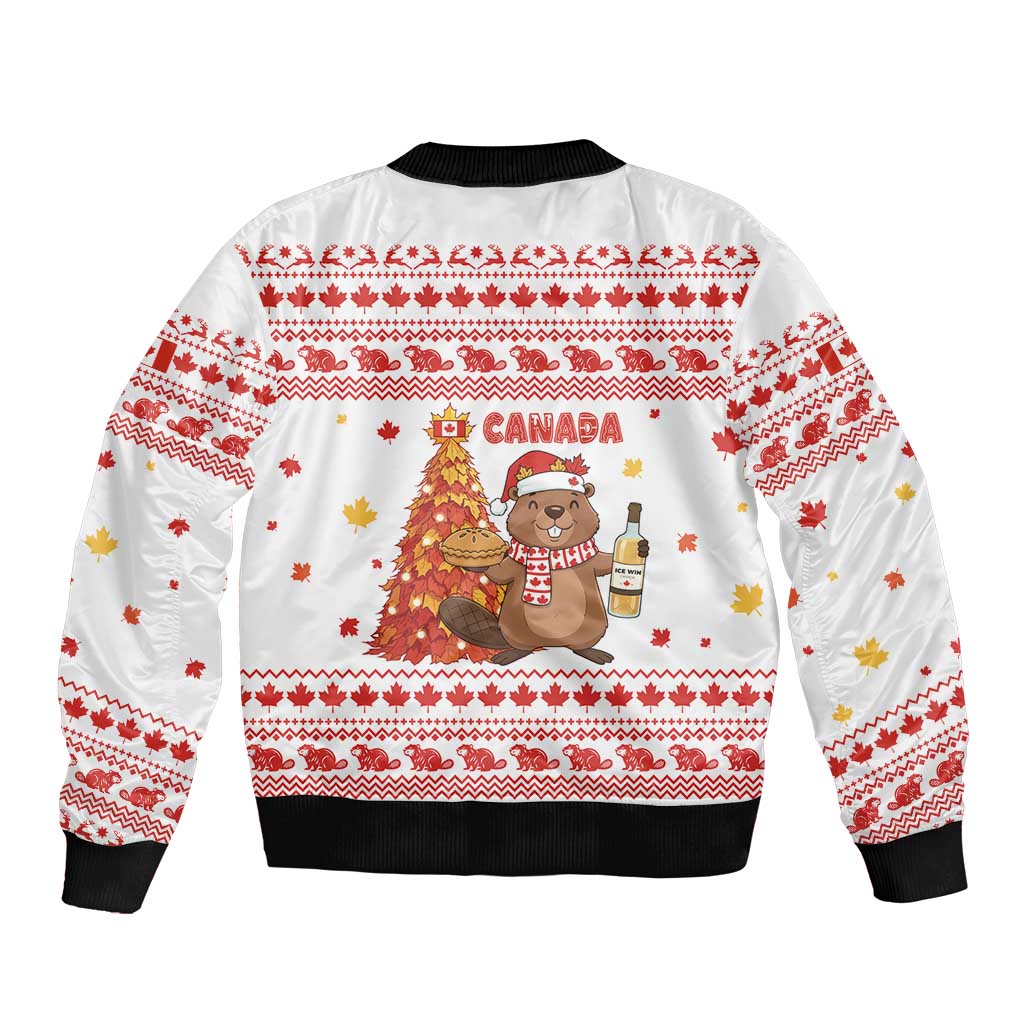 Canada Christmas Sleeve Zip Bomber Jacket with Beaver Maple Tree Ice Wine Pie and Red White Knit Pattern Design - Wonder Print Shop