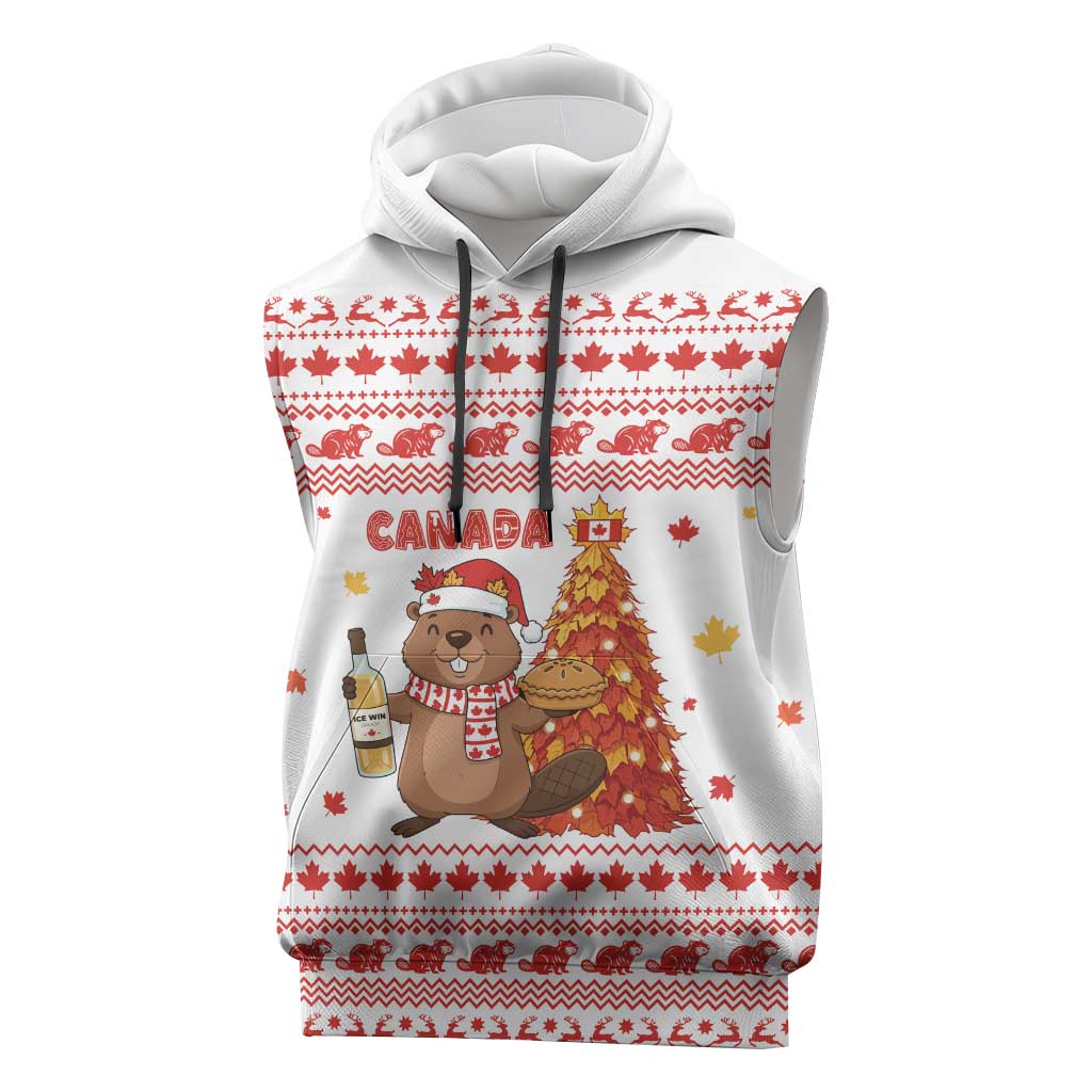 Canada Christmas Sleeveless Hoodie with Beaver Maple Tree Ice Wine Pie and Red White Knit Pattern Design - Wonder Print Shop