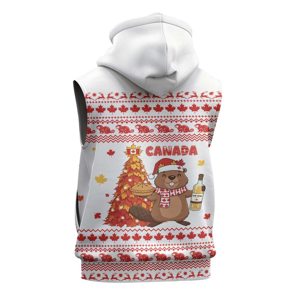 Canada Christmas Sleeveless Hoodie with Beaver Maple Tree Ice Wine Pie and Red White Knit Pattern Design - Wonder Print Shop