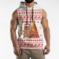 Canada Christmas Sleeveless Hoodie with Beaver Maple Tree Ice Wine Pie and Red White Knit Pattern Design - Wonder Print Shop