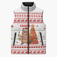 Canada Christmas Sleeveless Puffer Jacket with Beaver Maple Tree Ice Wine Pie and Red White Knit Pattern Design - Wonder Print Shop