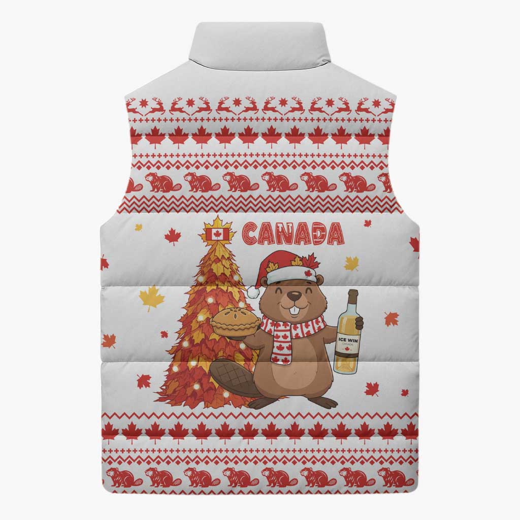 Canada Christmas Sleeveless Puffer Jacket with Beaver Maple Tree Ice Wine Pie and Red White Knit Pattern Design - Wonder Print Shop