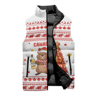 Canada Christmas Sleeveless Puffer Jacket with Beaver Maple Tree Ice Wine Pie and Red White Knit Pattern Design - Wonder Print Shop