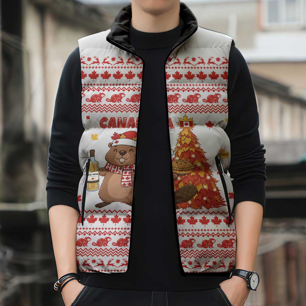 Canada Christmas Sleeveless Puffer Jacket with Beaver Maple Tree Ice Wine Pie and Red White Knit Pattern Design - Wonder Print Shop