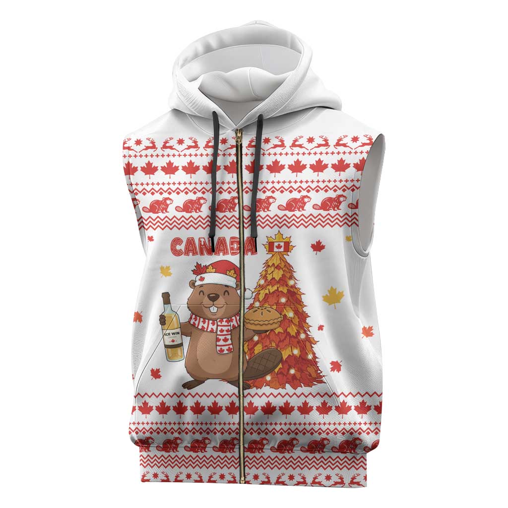 Canada Christmas Sleeveless Zip Hoodie with Beaver Maple Tree Ice Wine Pie and Red White Knit Pattern Design - Wonder Print Shop