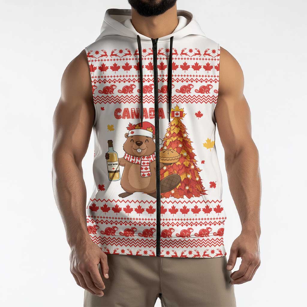 Canada Christmas Sleeveless Zip Hoodie with Beaver Maple Tree Ice Wine Pie and Red White Knit Pattern Design - Wonder Print Shop