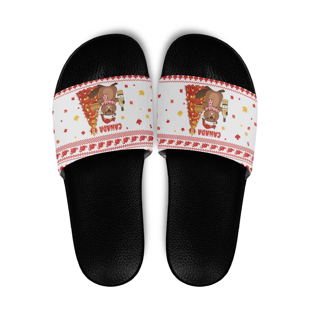 Canada Christmas Slide Sandals with Beaver Maple Tree Ice Wine Pie and Red White Knit Pattern Design - Wonder Print Shop