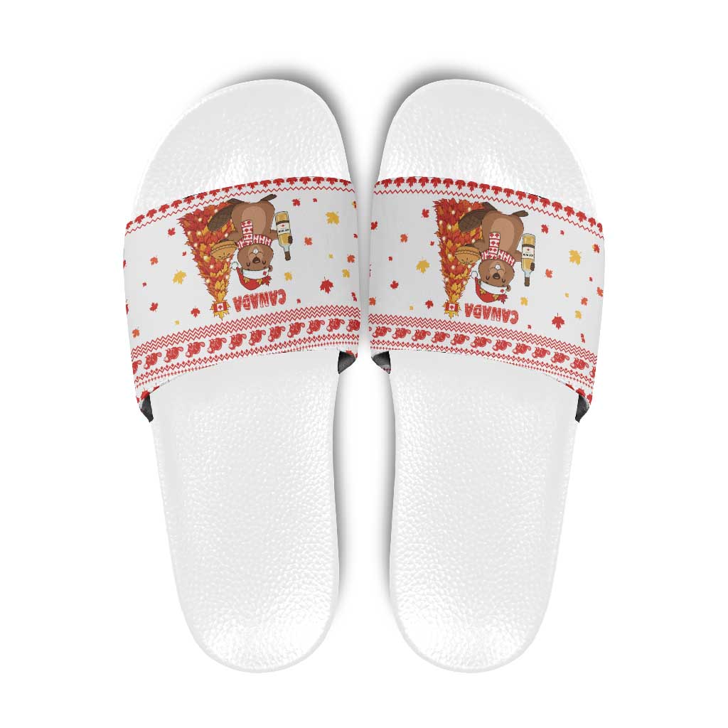 Canada Christmas Slide Sandals with Beaver Maple Tree Ice Wine Pie and Red White Knit Pattern Design - Wonder Print Shop