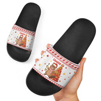 Canada Christmas Slide Sandals with Beaver Maple Tree Ice Wine Pie and Red White Knit Pattern Design - Wonder Print Shop