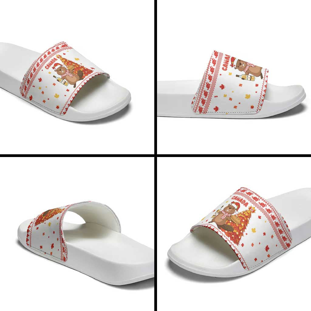 Canada Christmas Slide Sandals with Beaver Maple Tree Ice Wine Pie and Red White Knit Pattern Design - Wonder Print Shop