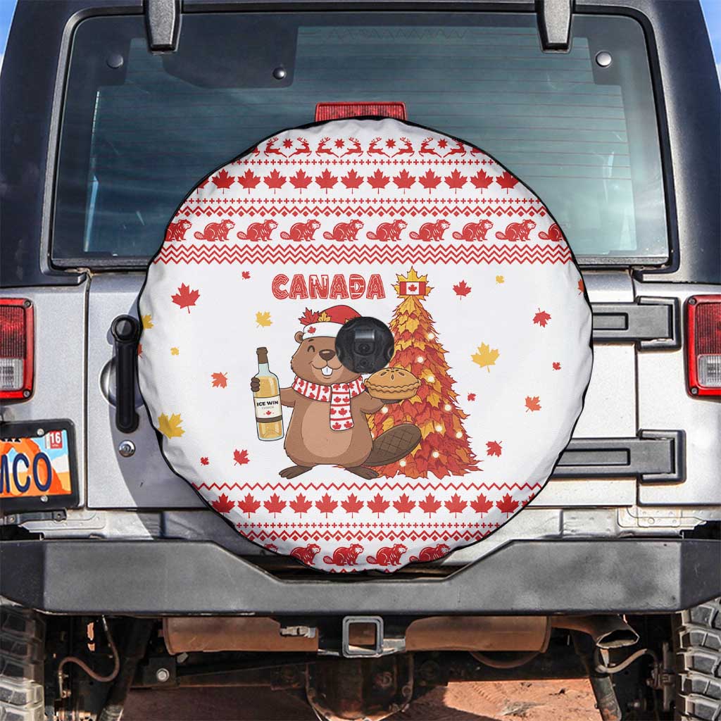 Canada Christmas Spare Tire Cover with Beaver Maple Tree Ice Wine Pie and Red White Knit Pattern Design - Wonder Print Shop