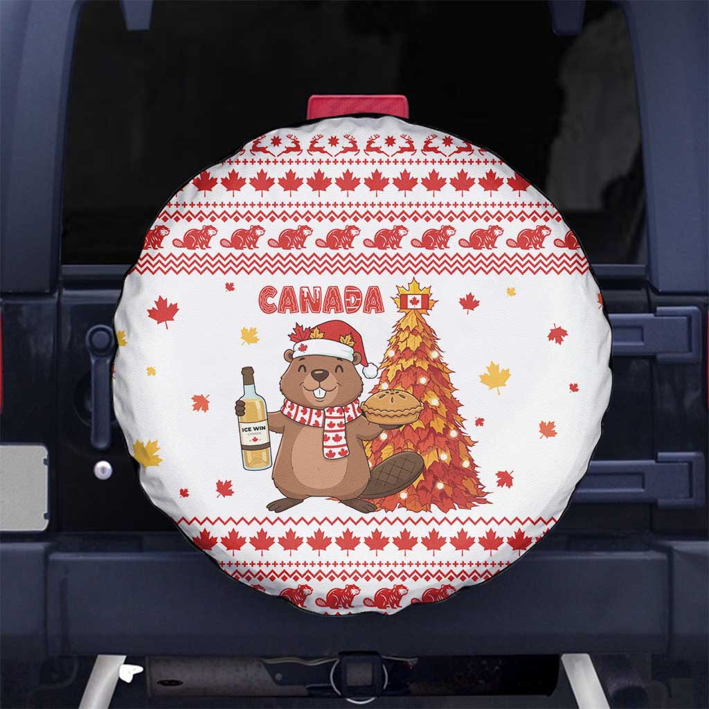 Canada Christmas Spare Tire Cover with Beaver Maple Tree Ice Wine Pie and Red White Knit Pattern Design - Wonder Print Shop