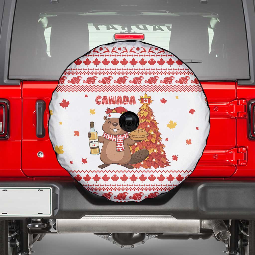 Canada Christmas Spare Tire Cover with Beaver Maple Tree Ice Wine Pie and Red White Knit Pattern Design - Wonder Print Shop