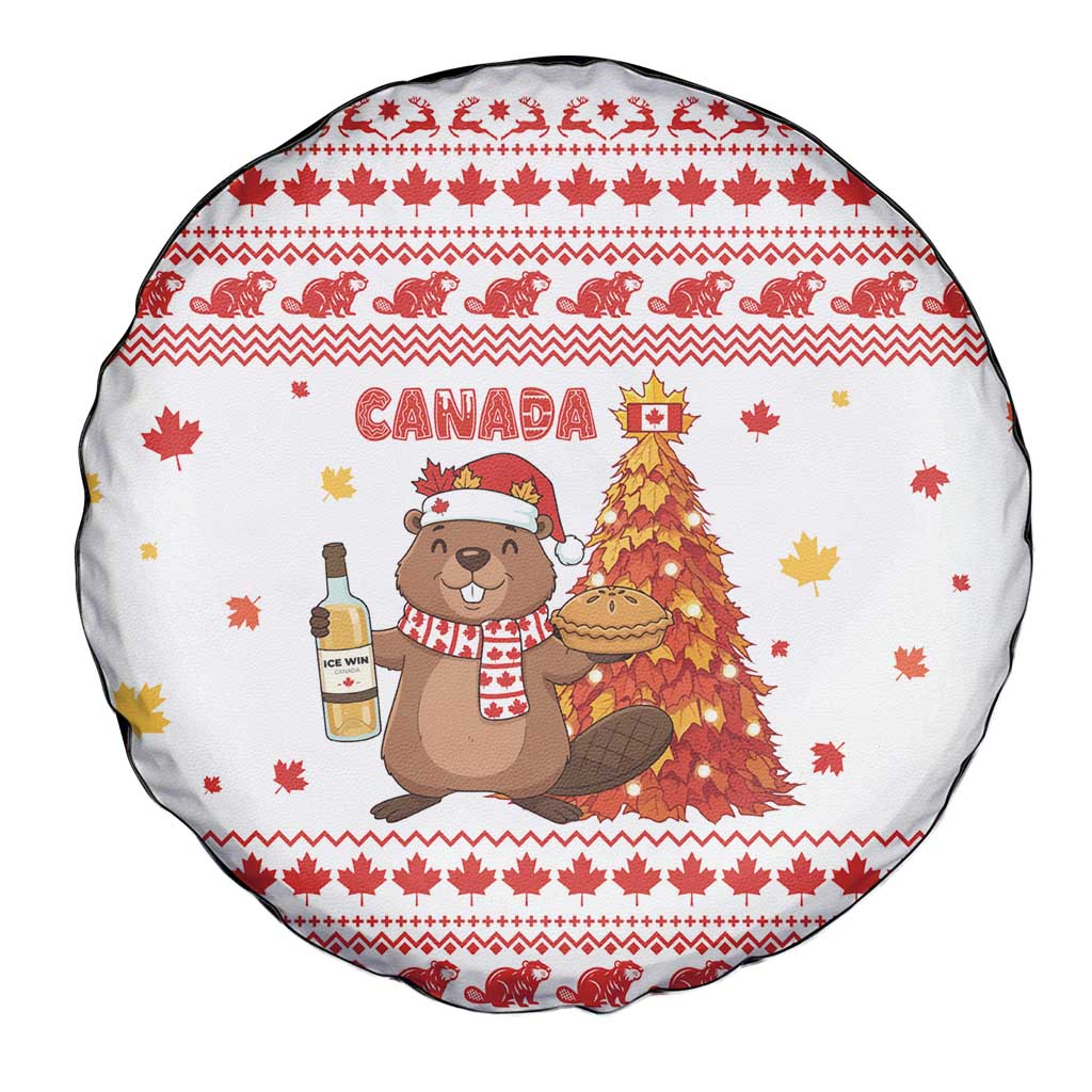 Canada Christmas Spare Tire Cover with Beaver Maple Tree Ice Wine Pie and Red White Knit Pattern Design - Wonder Print Shop