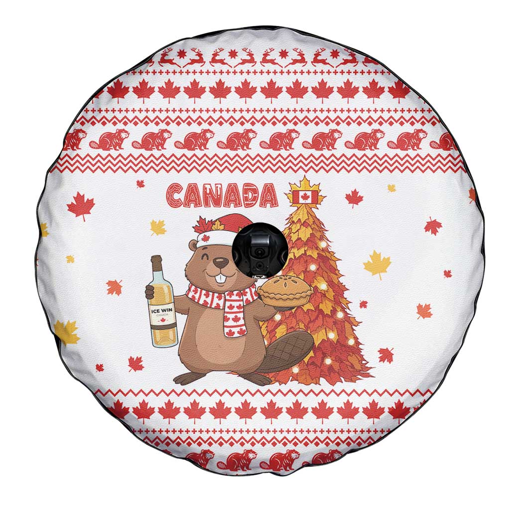 Canada Christmas Spare Tire Cover with Beaver Maple Tree Ice Wine Pie and Red White Knit Pattern Design - Wonder Print Shop
