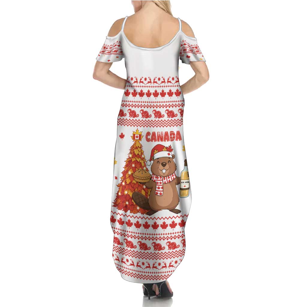 Canada Christmas Summer Maxi Dress with Beaver Maple Tree Ice Wine Pie and Red White Knit Pattern Design - Wonder Print Shop