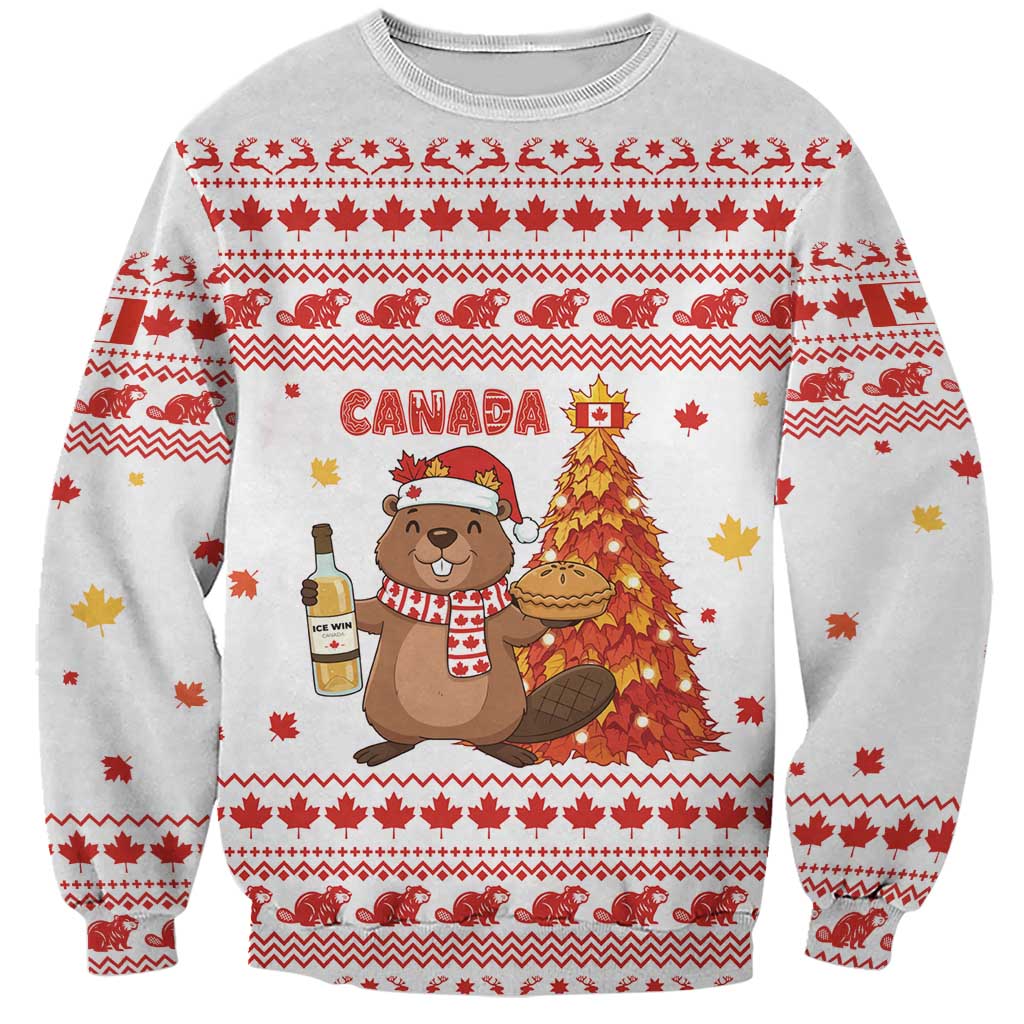 Canada Christmas Sweatshirt with Beaver Maple Tree Ice Wine Pie and Red White Knit Pattern Design - Wonder Print Shop