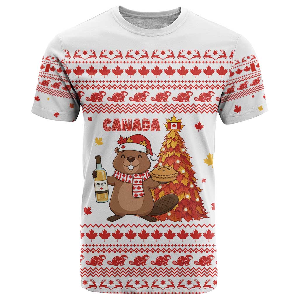 Canada Christmas T Shirt with Beaver Maple Tree Ice Wine Pie and Red White Knit Pattern Design - Wonder Print Shop
