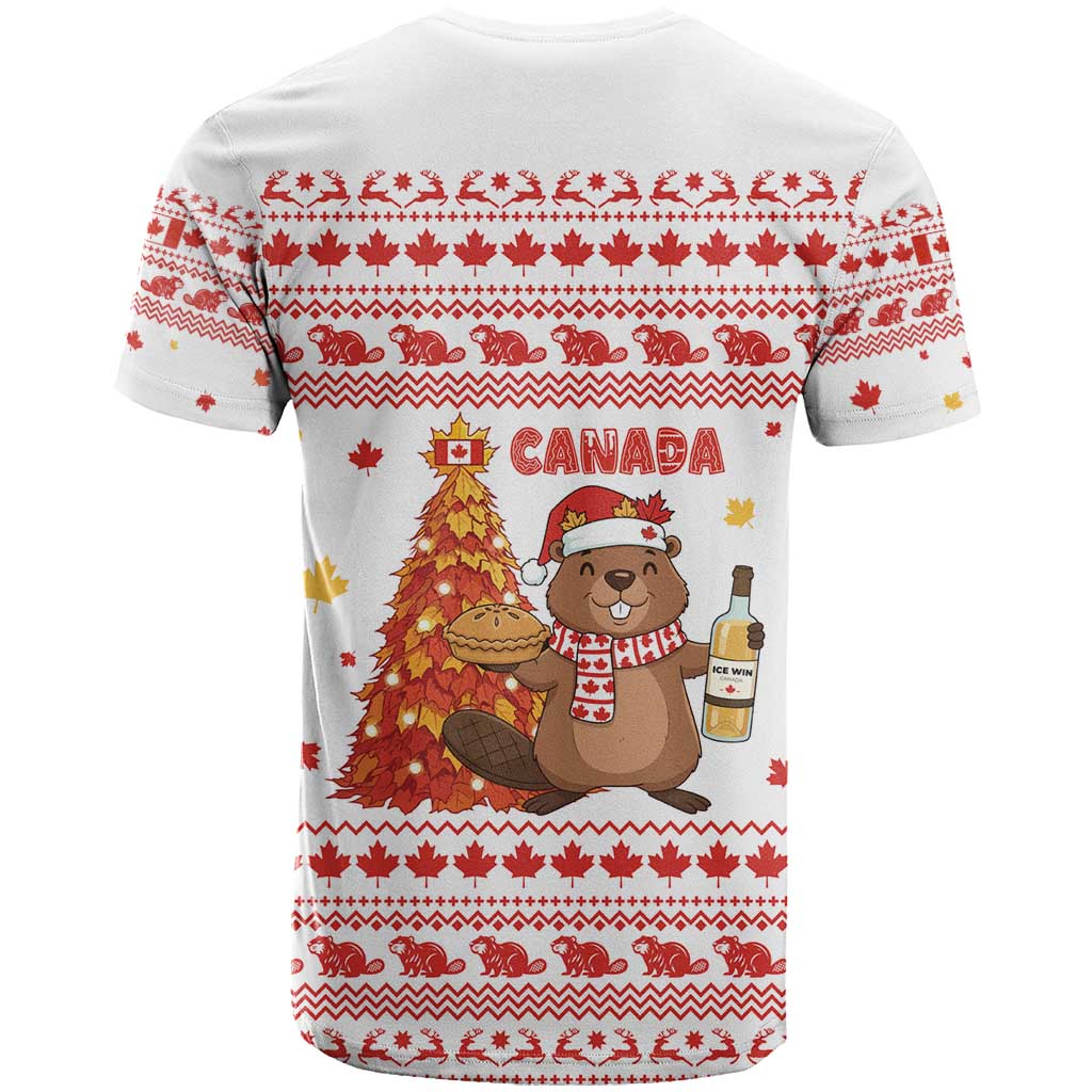 Canada Christmas T Shirt with Beaver Maple Tree Ice Wine Pie and Red White Knit Pattern Design - Wonder Print Shop