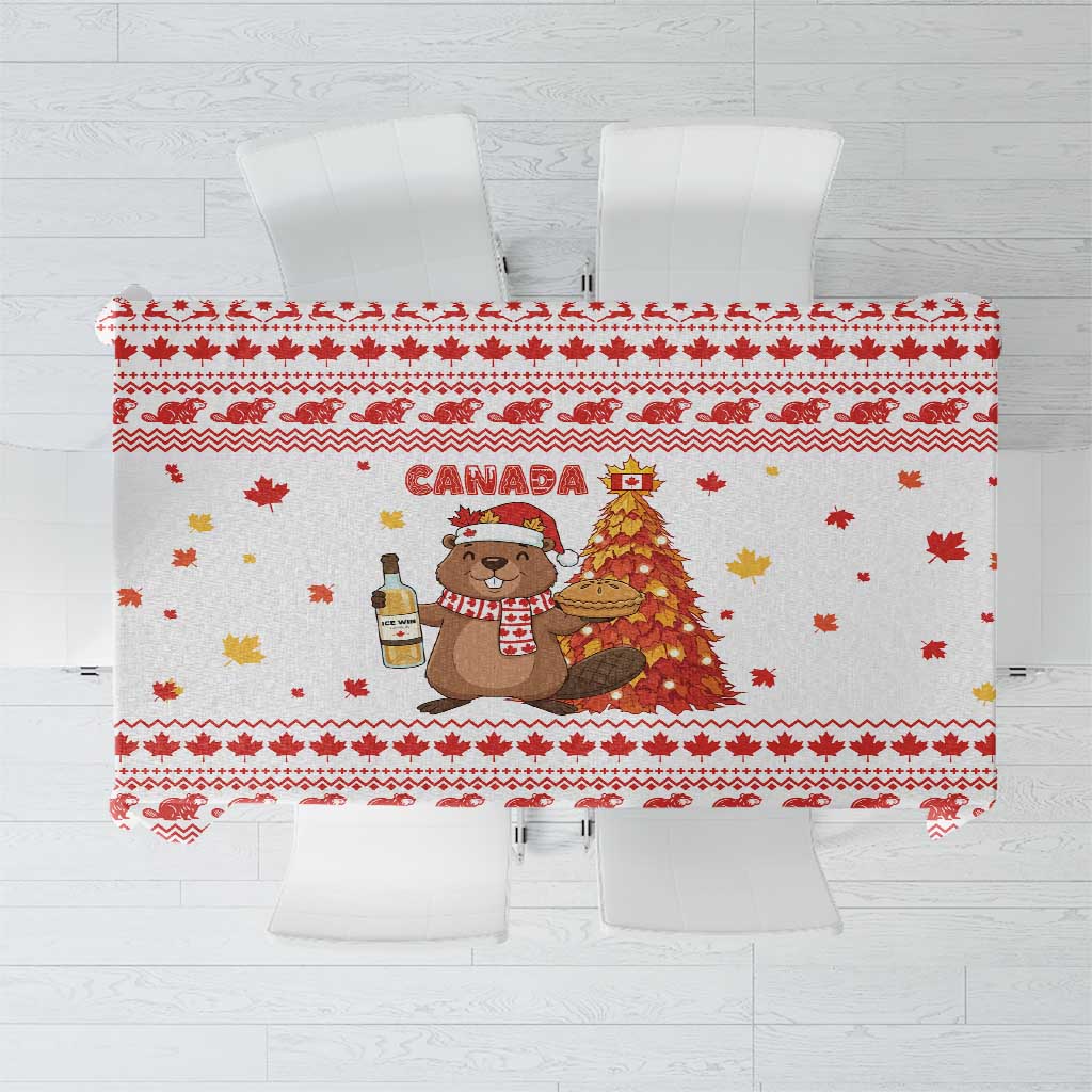 Canada Christmas Tablecloth with Beaver Maple Tree Ice Wine Pie and Red White Knit Pattern Design - Wonder Print Shop