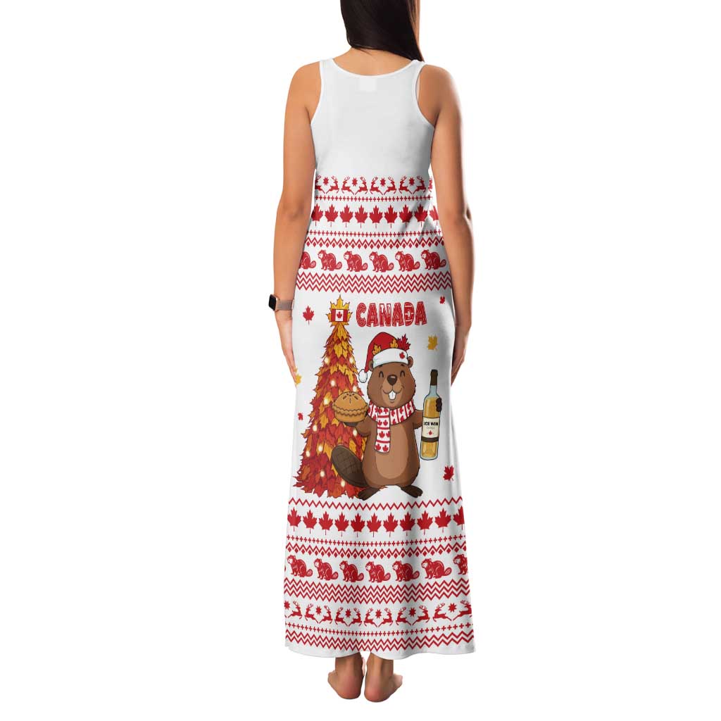 Canada Christmas Tank Maxi Dress with Beaver Maple Tree Ice Wine Pie and Red White Knit Pattern Design - Wonder Print Shop
